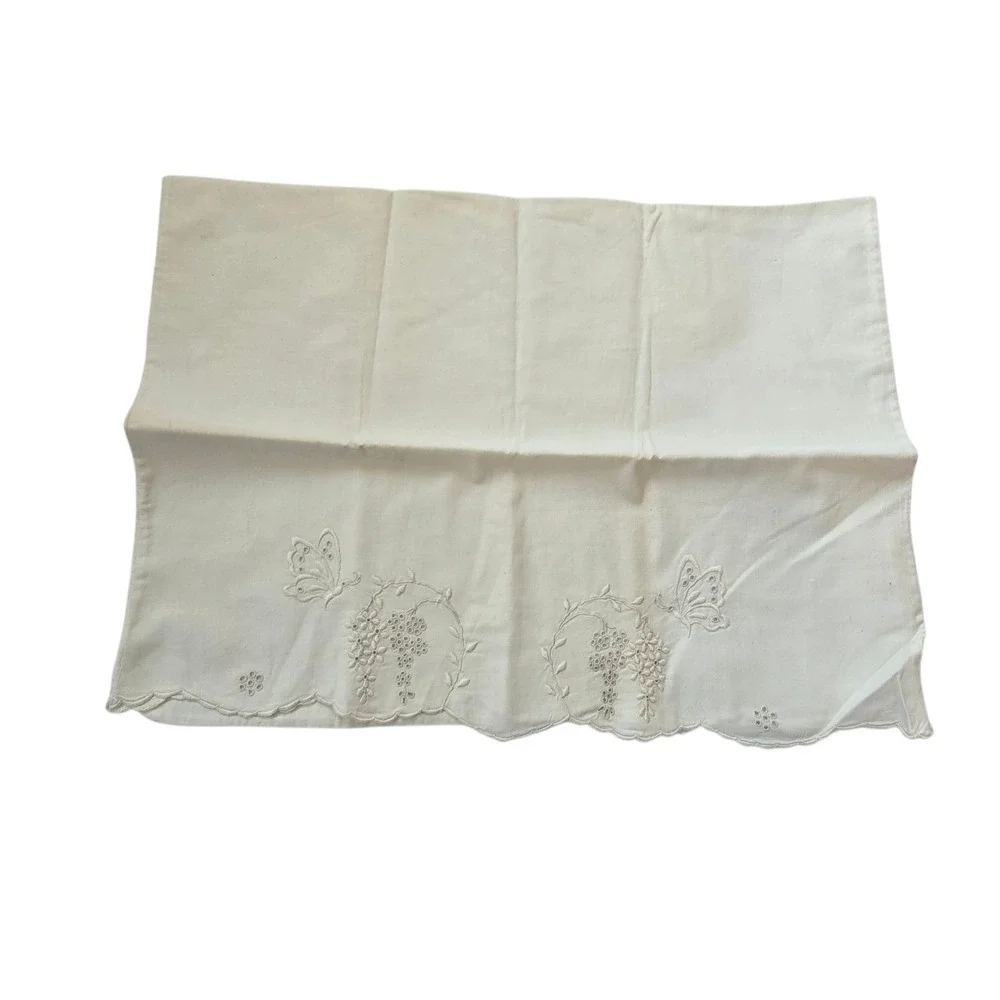 Vintage Embroidered Pillowcase Cream Boho Cottage Granny Shabby Cotton